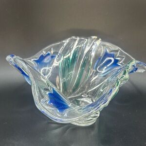 Vintage Mikasa Bluebells Handkerchief Glass Bowl 7 3/4, Green/Blue Germany